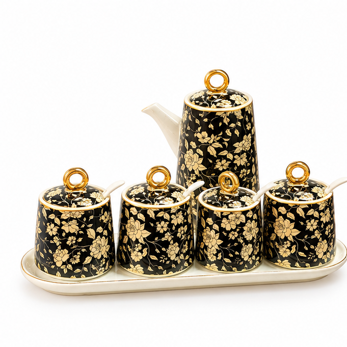 🌿 Spice Jars | Ceramic | Kitchen Counter | Gift for Hosts | Golden Floral Charm