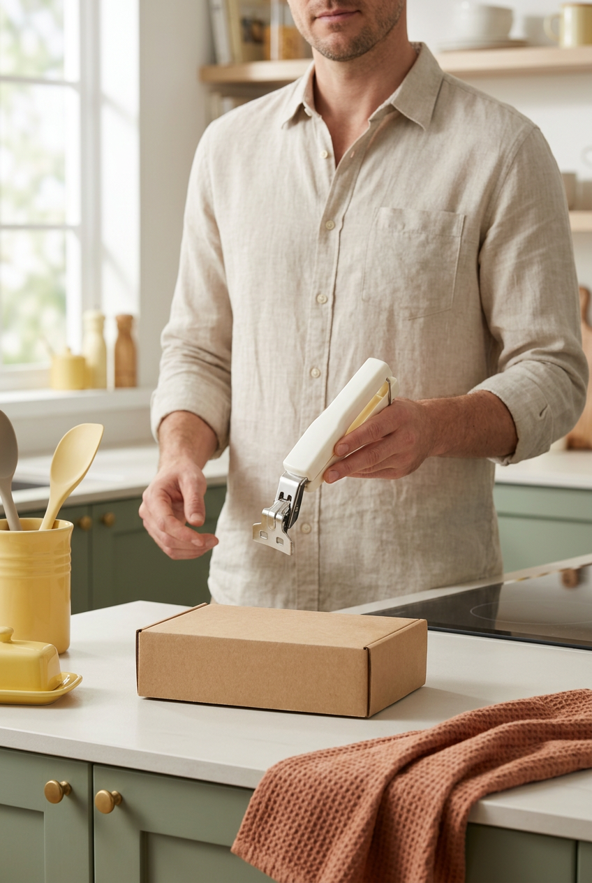 Man holding an ivory plate gripper in a bright kitchen