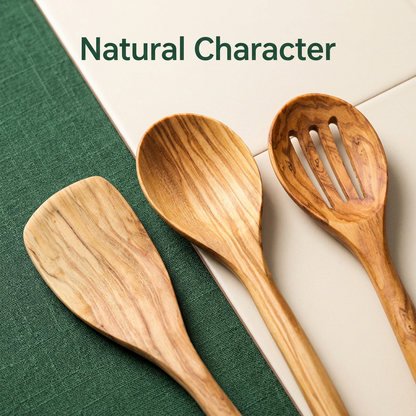 Close-up of wooden utensil heads and grain