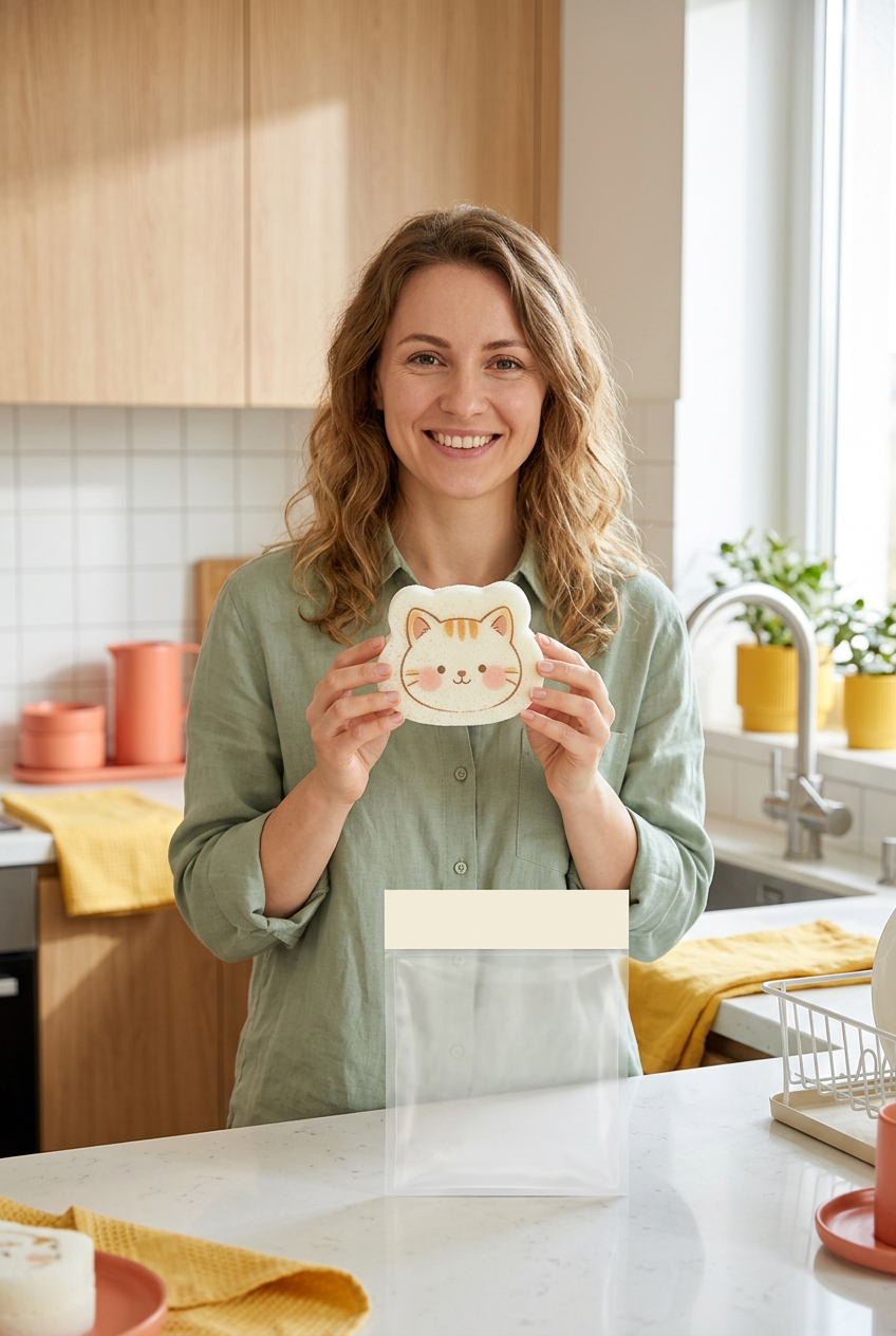 Adult female model holding the cat-shaped sponge in a colorful kitchen