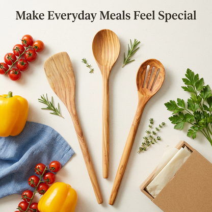 Wooden utensils styled with colorful fresh ingredients