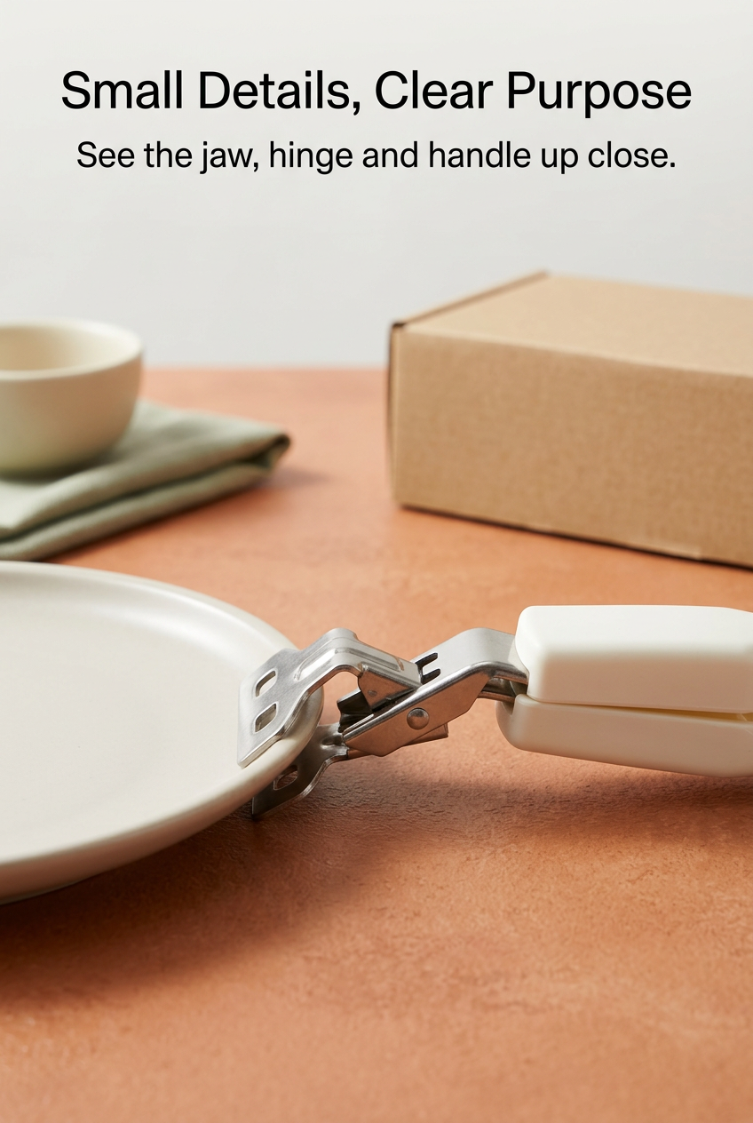 Metal gripping jaw and hinge beside a ceramic plate