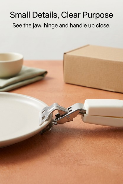 Metal gripping jaw and hinge beside a ceramic plate