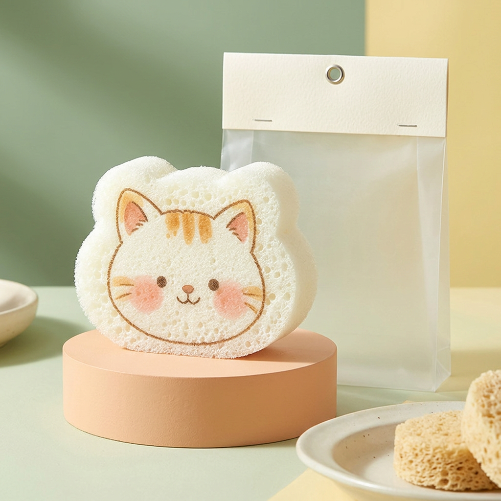 Cat dishwashing sponge in a colorful still-life setting