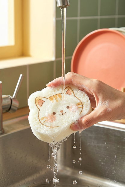 Cat-shaped sponge being rinsed under running water