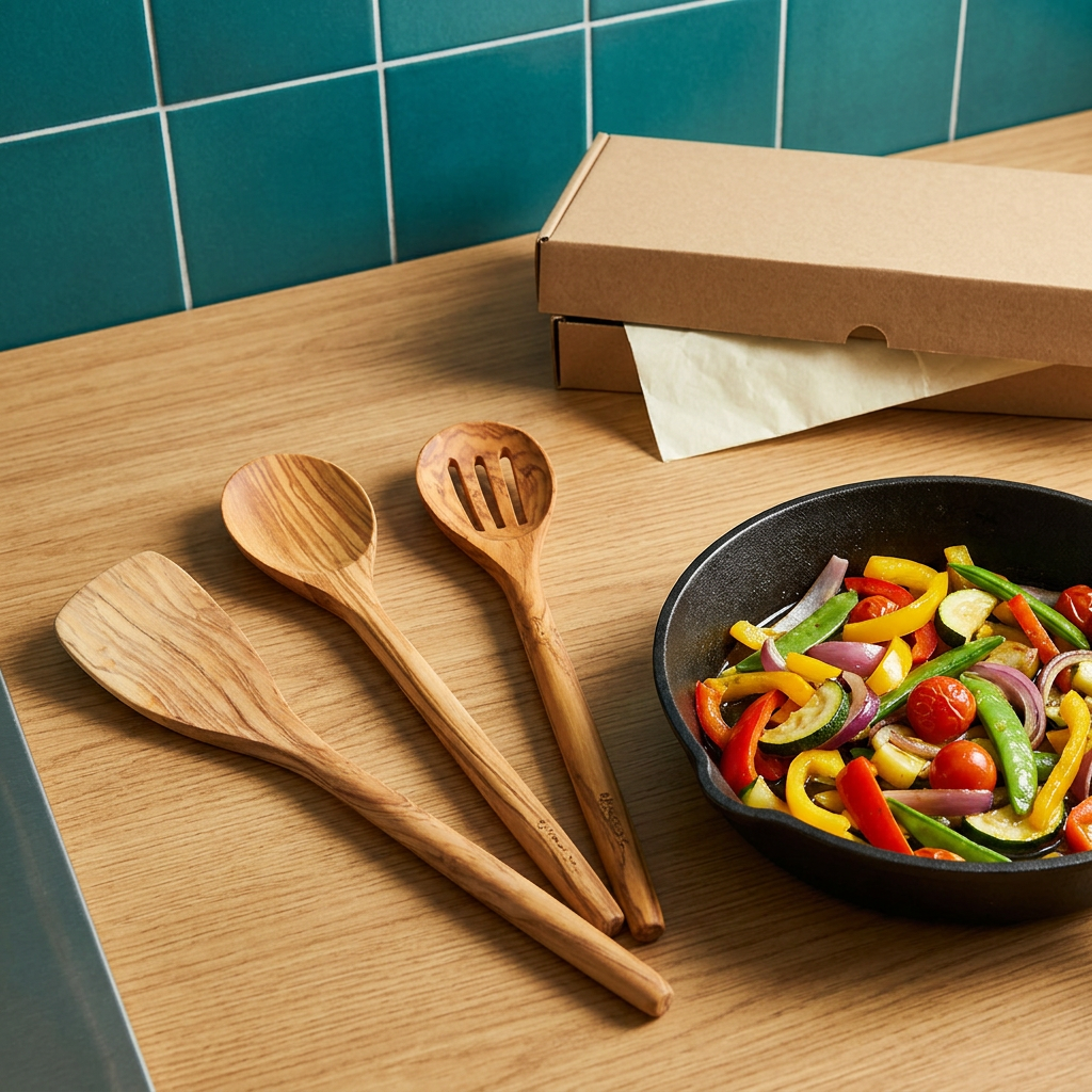 Wooden utensils in a colorful kitchen setting