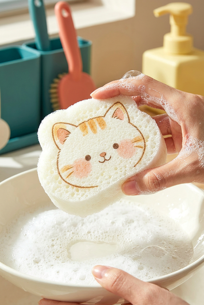 Side-angle view of cat sponge held over sudsy water