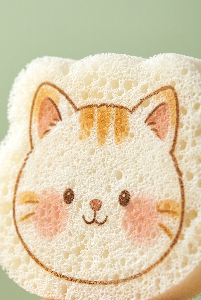 Close-up of cat illustration and porous sponge texture
