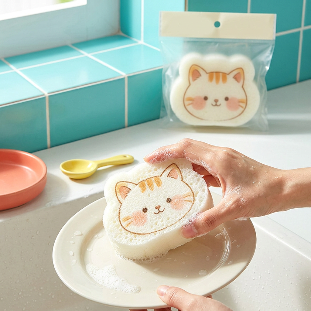 Cat-shaped dishwashing sponge held over a plate with soap bubbles