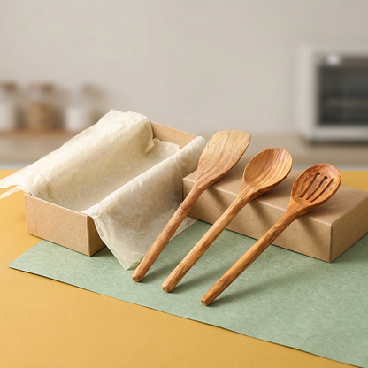 Wooden utensil set with proposed unbranded kraft packaging