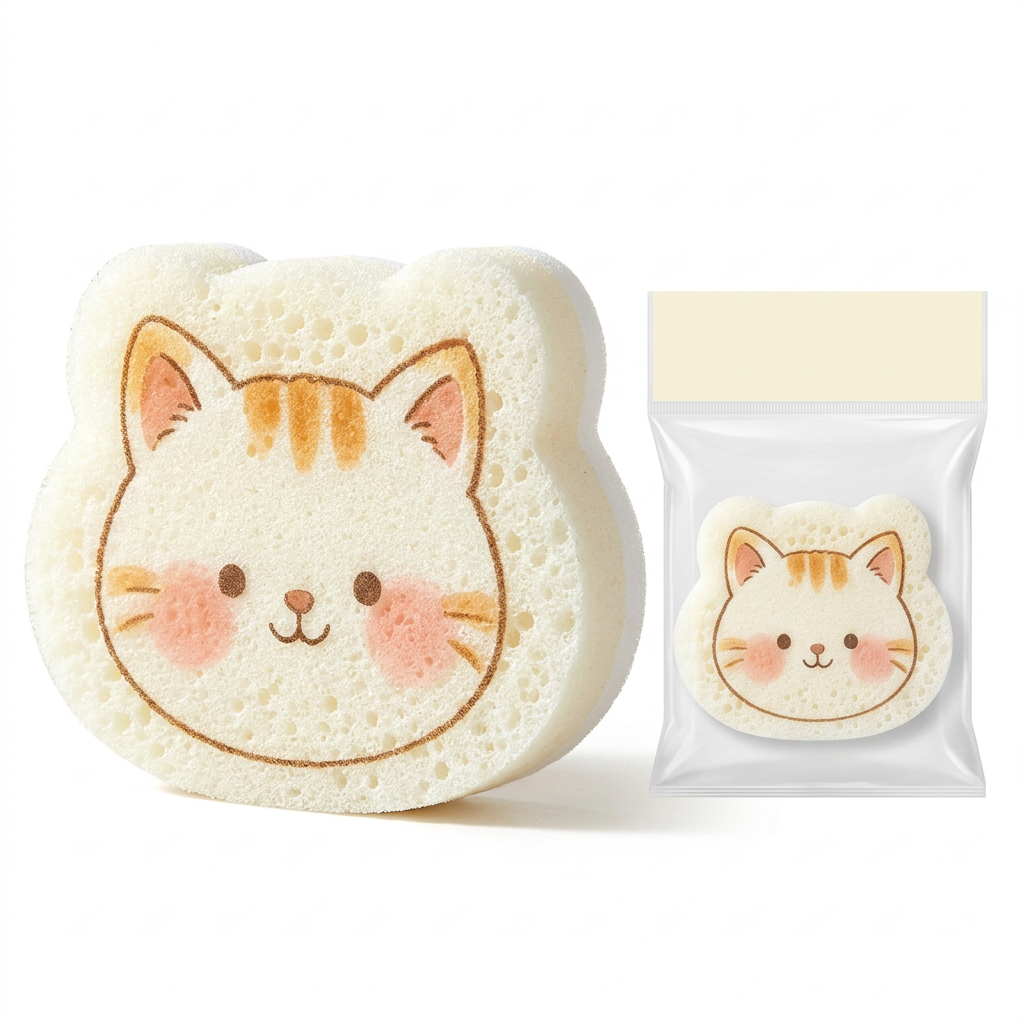 Cat dishwashing sponge and unbranded packaging on a white background