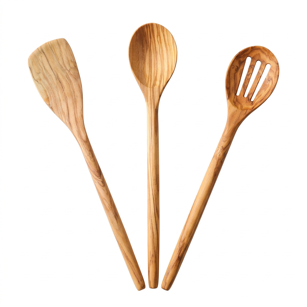 Three-piece wooden utensil set on white background