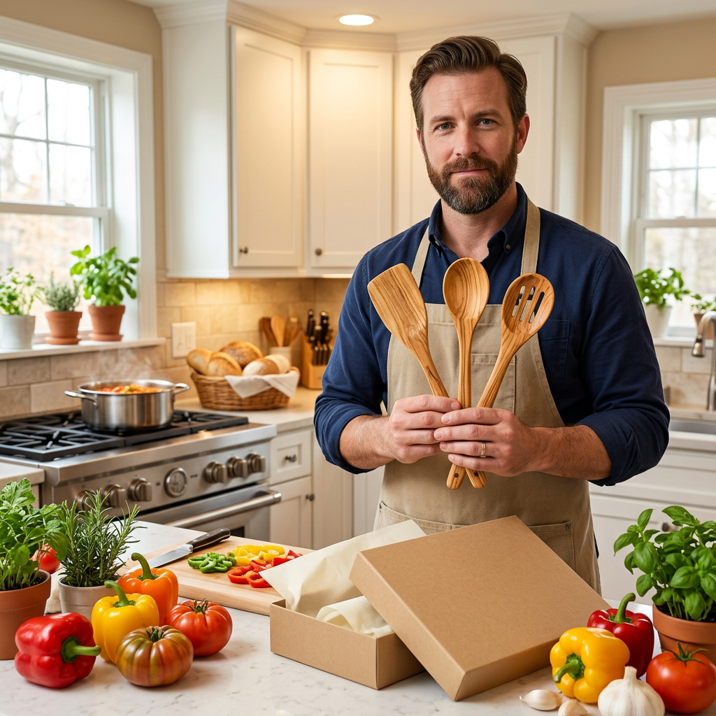 Male model holding the wooden utensil set