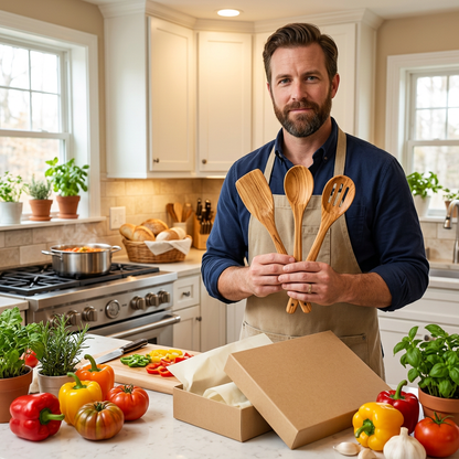 Male model holding the wooden utensil set