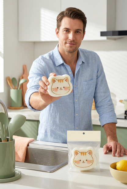Adult male model holding the cat-shaped dishwashing sponge