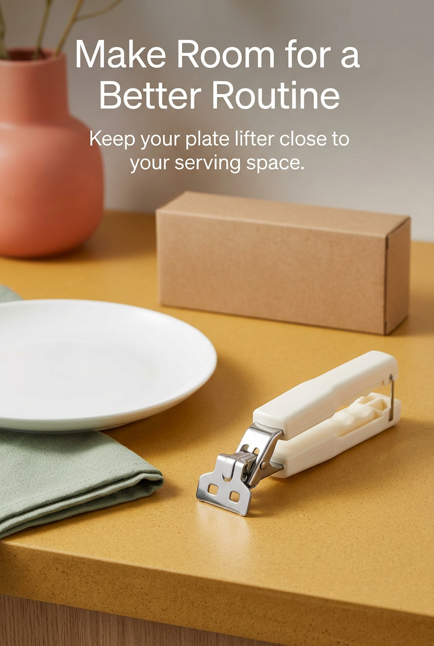 Plate gripper beside a white plate on a yellow kitchen counter