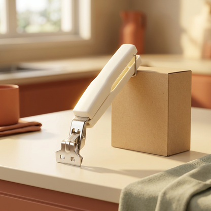 Ivory-handled plate gripper beside an unbranded kraft box in a warm kitchen
