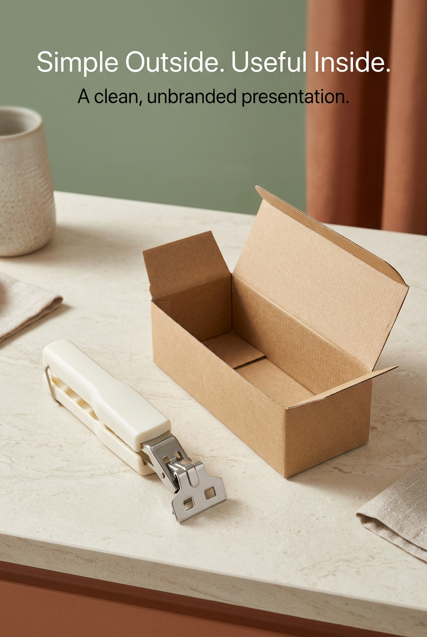 Ivory plate gripper beside an open unbranded kraft box