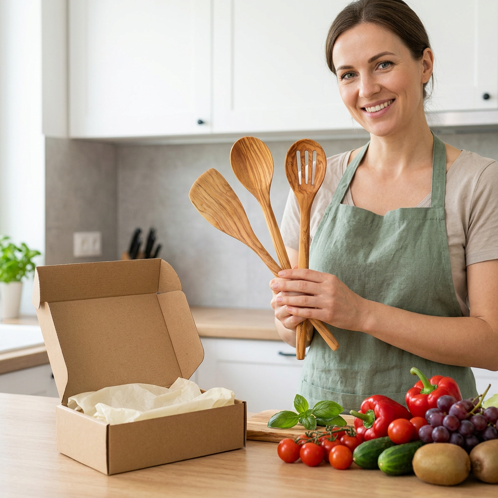 Female model holding the wooden utensil set