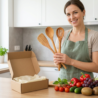 Female model holding the wooden utensil set